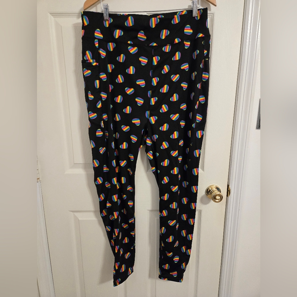 POP Fit Women's Black Leggings with Rainbow Hearts High Waist Size 4XL